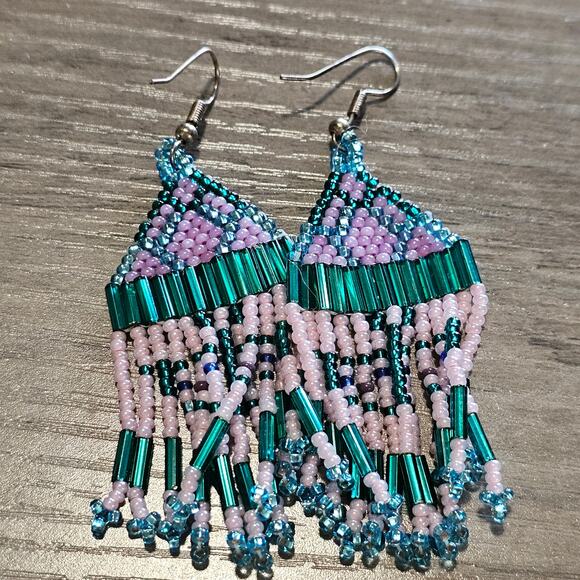 Vintage Seed Bead Fringed Dangle Earrings with Butterfly Design - Picture 5 of 6